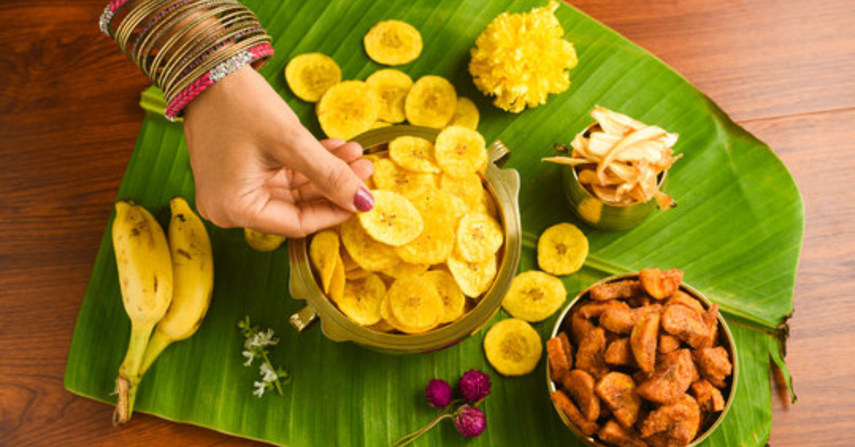 Homely Kerala snacks served on a banana leaf