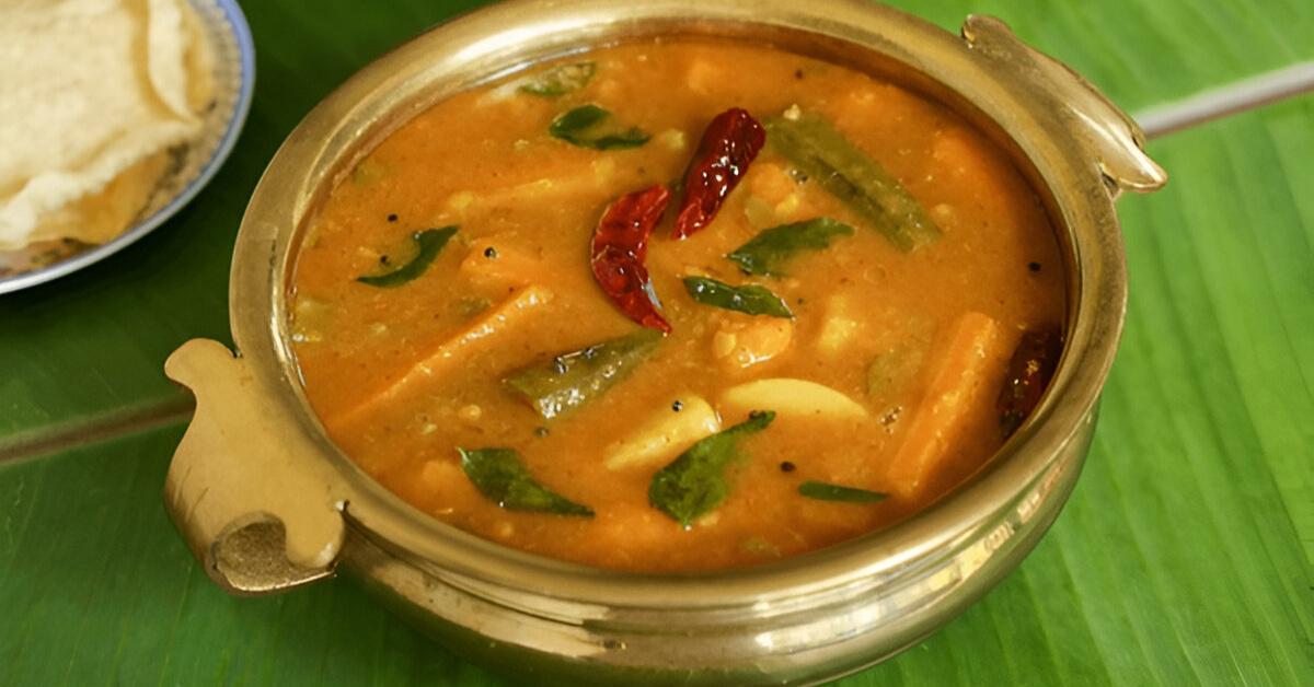 Sambar made with sambar powder served in a meal